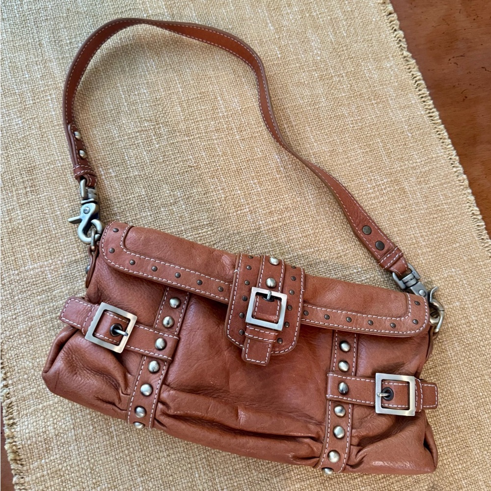 Elegant Cognac Leather Shoulder Bag with Buckle Accents